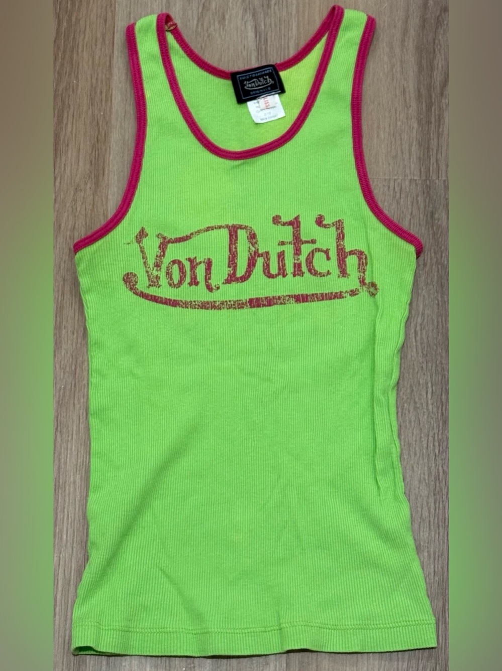 Vintage Von Dutch Originals Tank Top small S Neon Green Pink Y2K Logo Ribbed